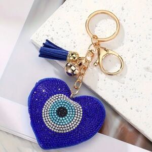 Blue Crystal Evil Eye Rhinestone Heart Tassel  Keychain Purse Charm